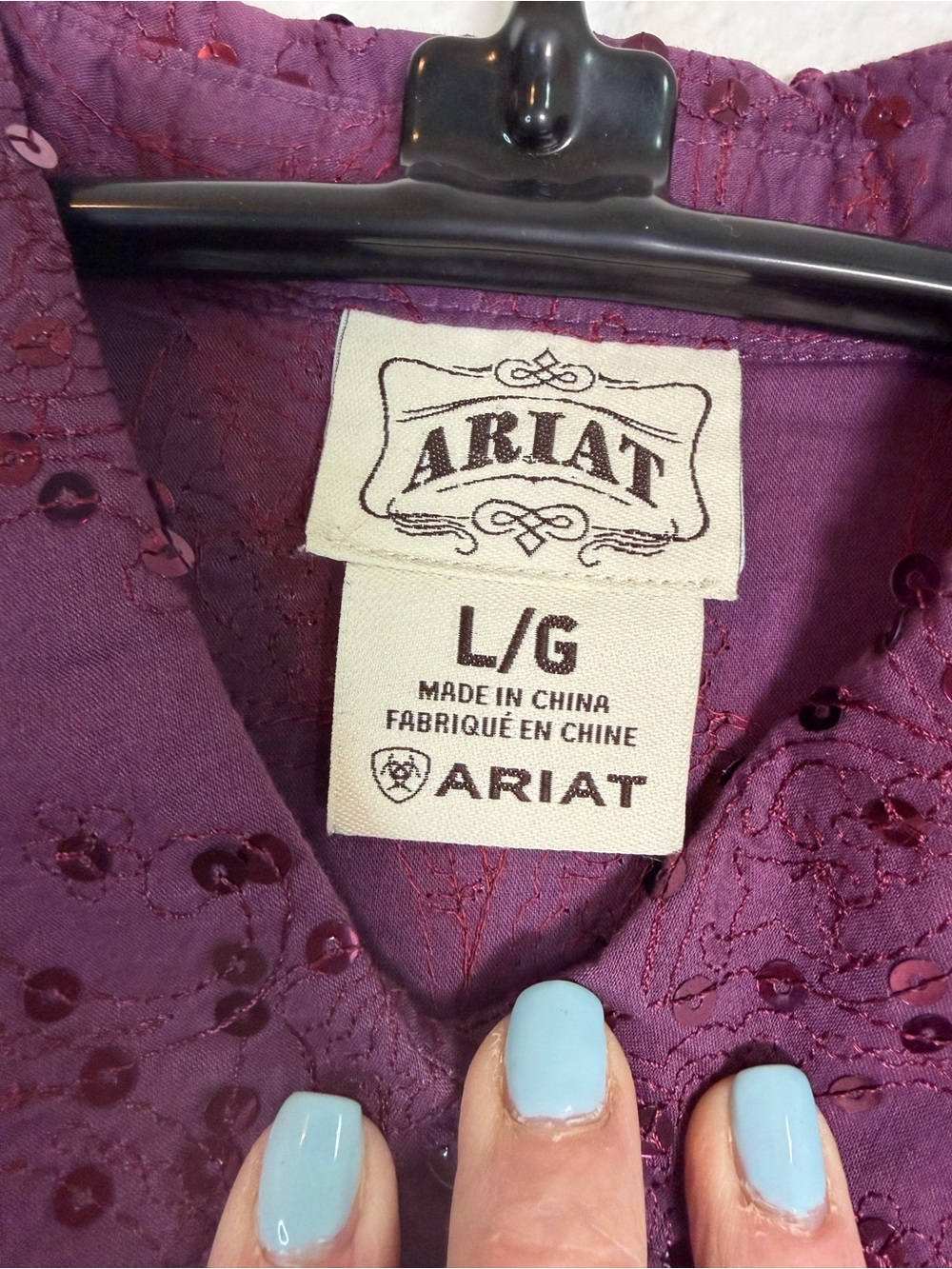 Ariat Deep Purple Sequin Embroidered Western Pearl-Snap Down Shirt, Size L - Picture 3 of 7
